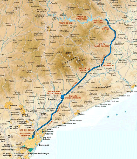 Traçat en planta de la Portada del Ter entre l’embassament del Pasteral i l’Estació distribuïdora de la Trinitat.